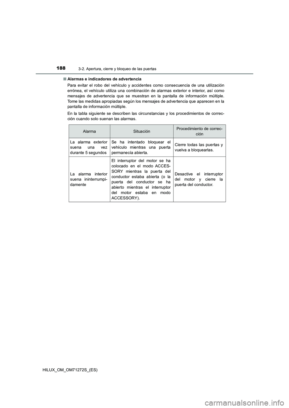 TOYOTA HILUX 2018 Manual del propietario (in Spanish) 1883-2. Apertura, cierre y bloqueo de las puertas
HILUX_OM_OM71272S_(ES)■Alarmas e indicadores de advertencia
Para evitar el robo del vehículo y accidentes como consecuencia de una utilización
err TOYOTA HILUX 2018 Manual del propietario (in Spanish) 1883-2. Apertura, cierre y bloqueo de las puertas
HILUX_OM_OM71272S_(ES)■Alarmas e indicadores de advertencia
Para evitar el robo del vehículo y accidentes como consecuencia de una utilización
err