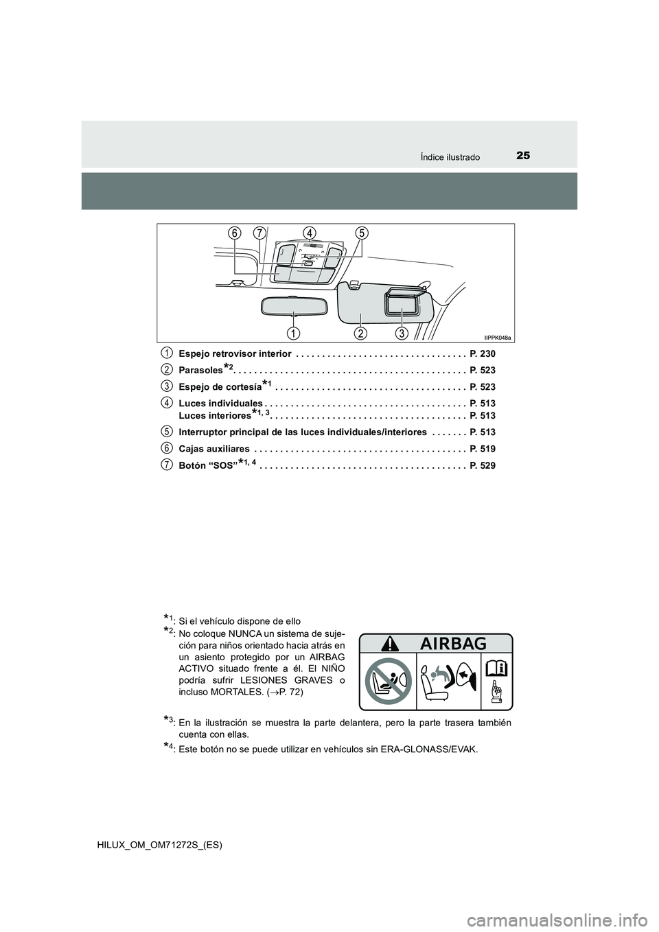 TOYOTA HILUX 2018  Manual del propietario (in Spanish) 25Índice ilustrado
HILUX_OM_OM71272S_(ES)Espejo retrovisor interior  . . . . . . . . . . . . . . . . . . . . . . . . . . . . . . . . .  P. 230
Parasoles
*2. . . . . . . . . . . . . . . . . . . . . . 