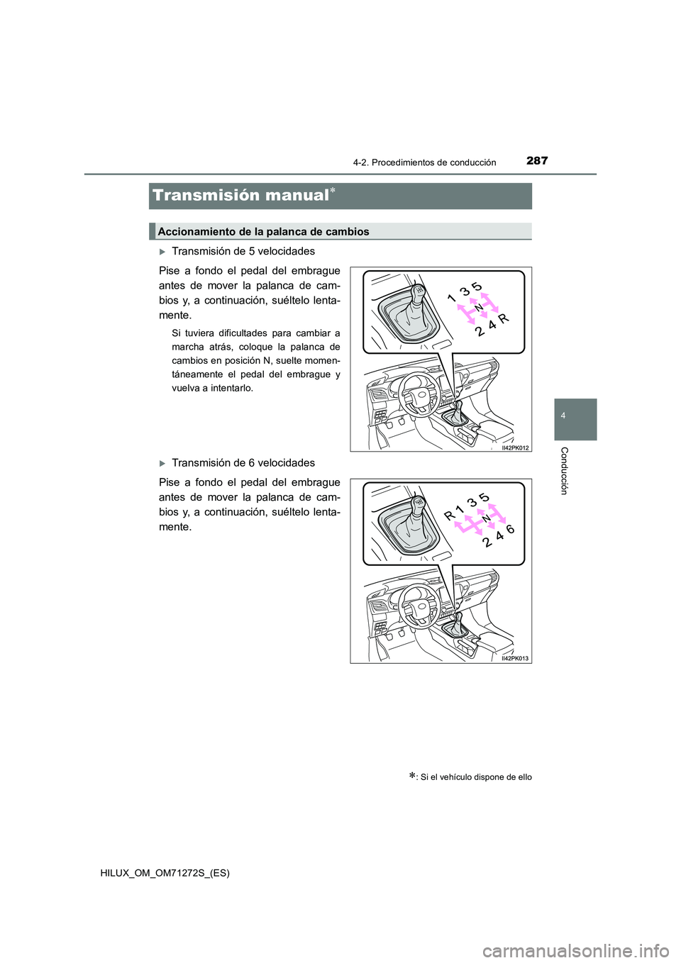 TOYOTA HILUX 2018 Manual del propietario (in Spanish) 287
4
4-2. Procedimientos de conducción
Conducción
HILUX_OM_OM71272S_(ES)
Transmisión manual
Transmisión de 5 velocidades
Pise a fondo el pedal del embrague
antes de mover la palanca de cam- TOYOTA HILUX 2018 Manual del propietario (in Spanish) 287
4
4-2. Procedimientos de conducción
Conducción
HILUX_OM_OM71272S_(ES)
Transmisión manual
Transmisión de 5 velocidades
Pise a fondo el pedal del embrague
antes de mover la palanca de cam-