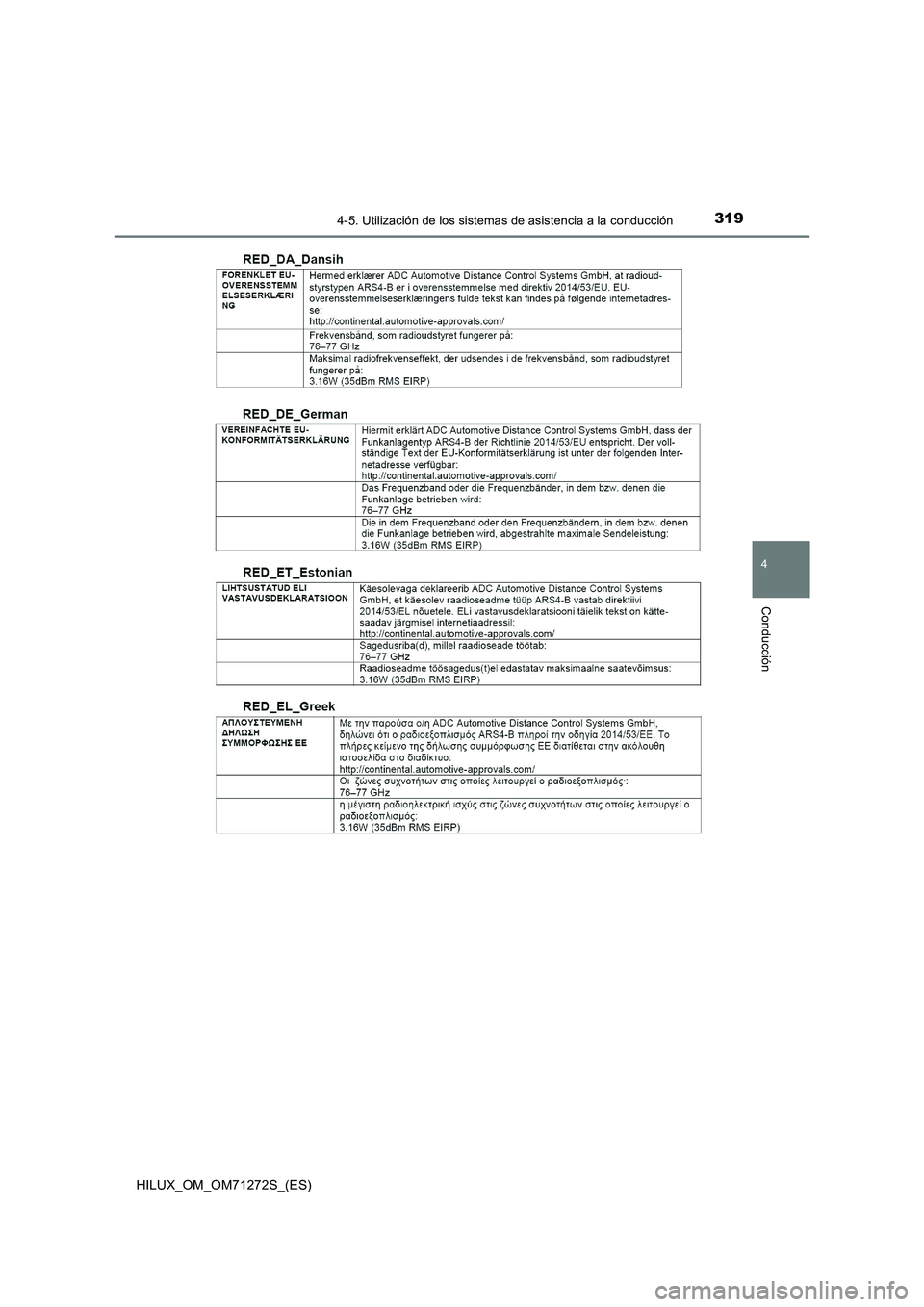 TOYOTA HILUX 2018  Manual del propietario (in Spanish) 3194-5. Utilización de los sistemas de asistencia a la conducción
4
Conducción
HILUX_OM_OM71272S_(ES) 