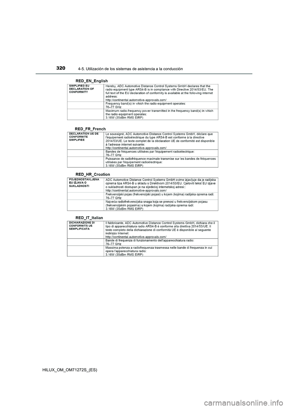 TOYOTA HILUX 2018  Manual del propietario (in Spanish) 3204-5. Utilización de los sistemas de asistencia a la conducción
HILUX_OM_OM71272S_(ES) 