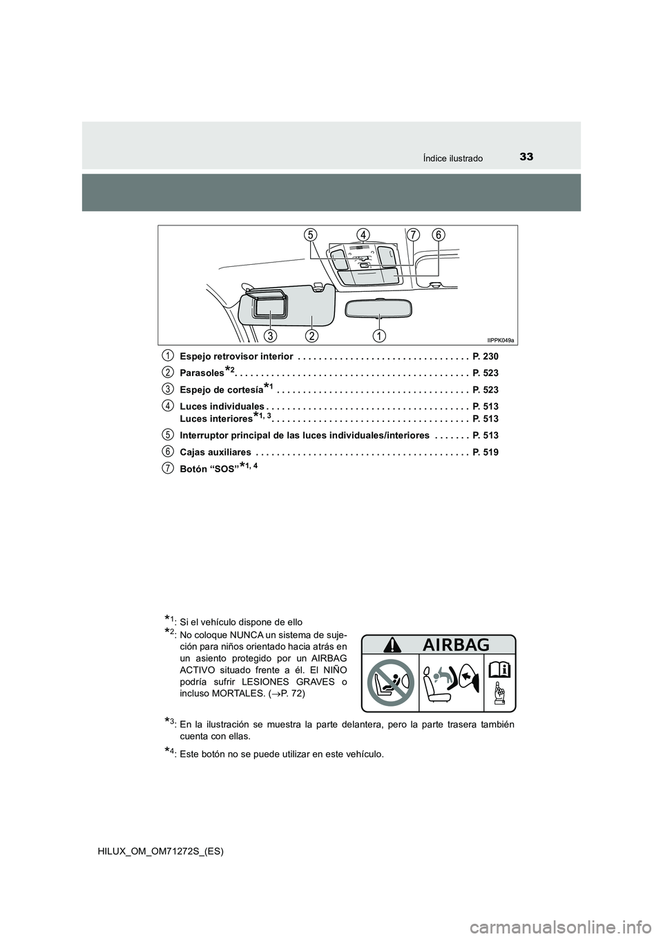 TOYOTA HILUX 2018  Manual del propietario (in Spanish) 33Índice ilustrado
HILUX_OM_OM71272S_(ES)Espejo retrovisor interior  . . . . . . . . . . . . . . . . . . . . . . . . . . . . . . . . .  P. 230
Parasoles
*2. . . . . . . . . . . . . . . . . . . . . . 