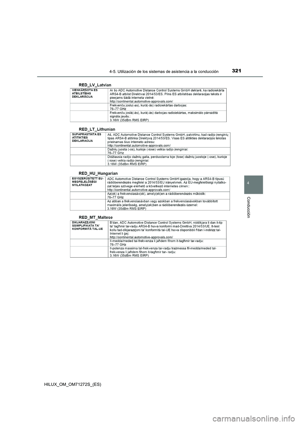 TOYOTA HILUX 2018  Manual del propietario (in Spanish) 3214-5. Utilización de los sistemas de asistencia a la conducción
4
Conducción
HILUX_OM_OM71272S_(ES) 