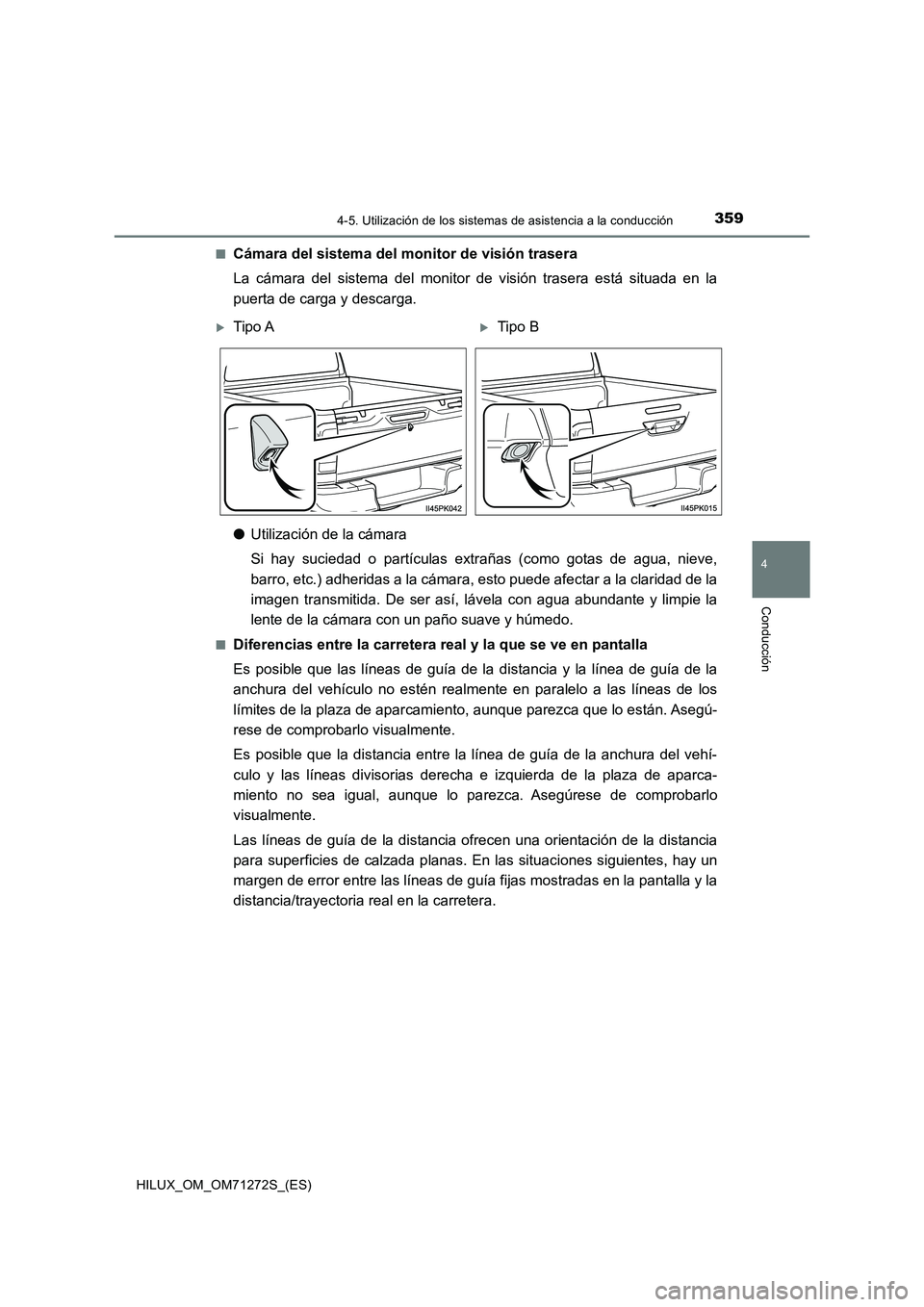 TOYOTA HILUX 2018  Manual del propietario (in Spanish) 3594-5. Utilización de los sistemas de asistencia a la conducción
4
Conducción
HILUX_OM_OM71272S_(ES)■
Cámara del sistema del monitor de visión trasera
La cámara del sistema del monitor de vis