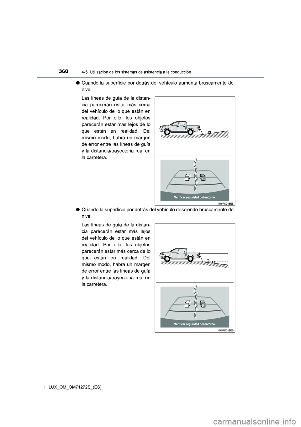TOYOTA HILUX 2018  Manual del propietario (in Spanish) 3604-5. Utilización de los sistemas de asistencia a la conducción
HILUX_OM_OM71272S_(ES)
●Cuando la superficie por detrás del vehículo aumenta bruscamente de
nivel
Las líneas de guía de la dis
