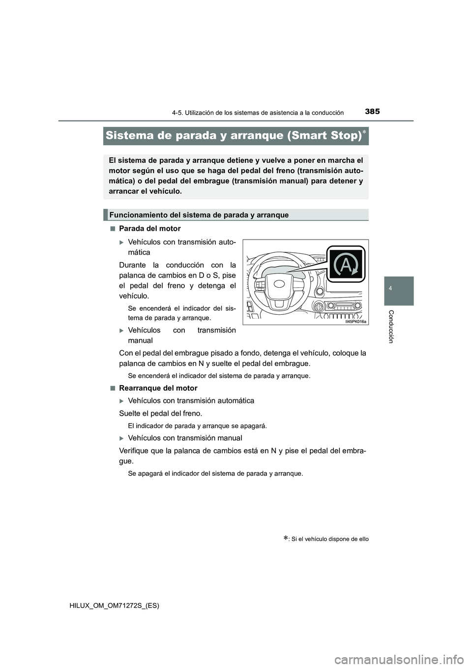 TOYOTA HILUX 2018 Manual del propietario (in Spanish) 385
4
4-5. Utilización de los sistemas de asistencia a la conducción
Conducción
HILUX_OM_OM71272S_(ES)
Sistema de parada y arranque (Smart Stop)
■Parada del motor
Vehículos con transmisió TOYOTA HILUX 2018 Manual del propietario (in Spanish) 385
4
4-5. Utilización de los sistemas de asistencia a la conducción
Conducción
HILUX_OM_OM71272S_(ES)
Sistema de parada y arranque (Smart Stop)
■Parada del motor
Vehículos con transmisió