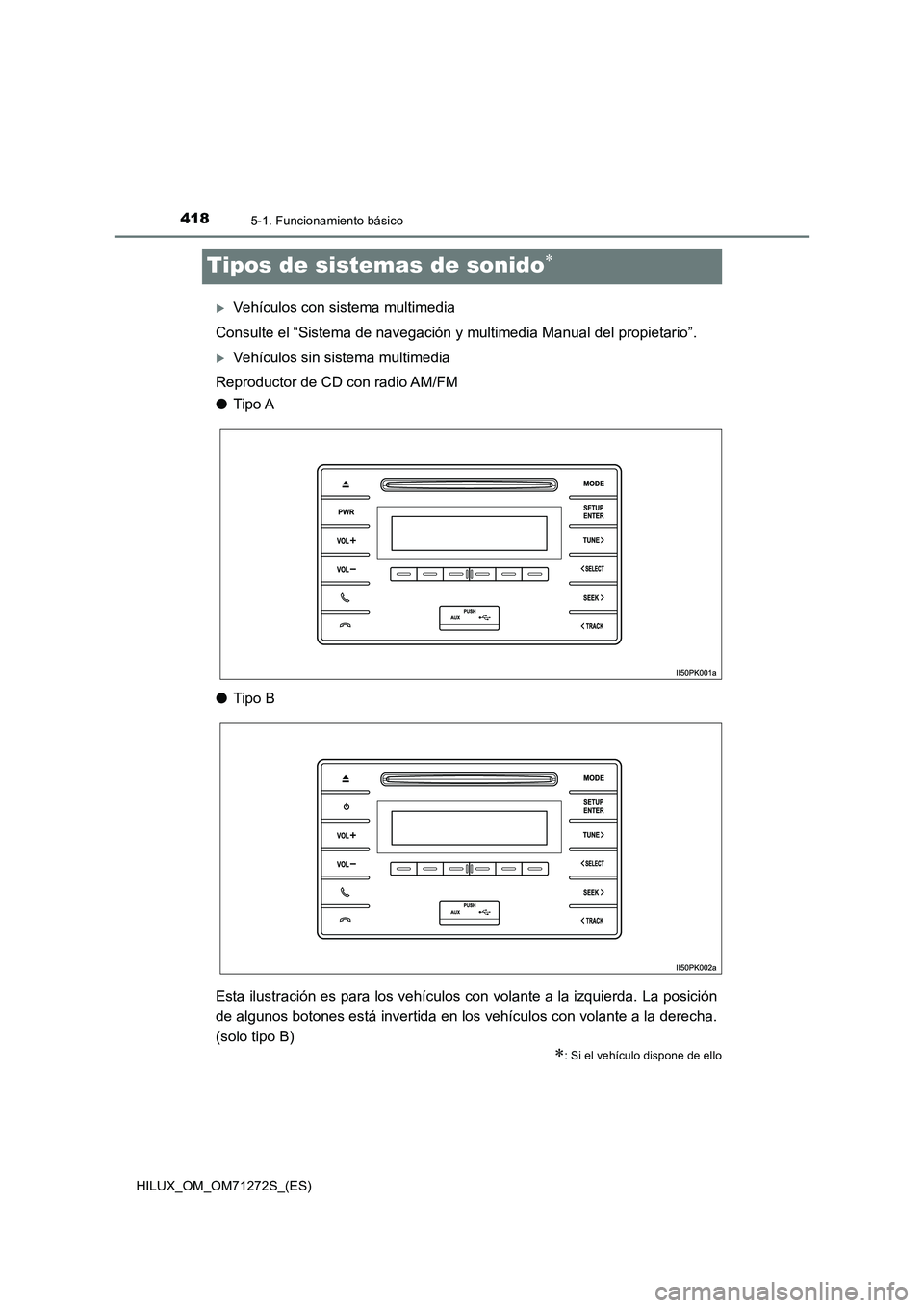 TOYOTA HILUX 2018 Manual del propietario (in Spanish) 4185-1. Funcionamiento básico
HILUX_OM_OM71272S_(ES)
Tipos de sistemas de sonido
Vehículos con sistema multimedia
Consulte el “Sistema de navegación y multimedia Manual del propietario”.
TOYOTA HILUX 2018 Manual del propietario (in Spanish) 4185-1. Funcionamiento básico
HILUX_OM_OM71272S_(ES)
Tipos de sistemas de sonido
Vehículos con sistema multimedia
Consulte el “Sistema de navegación y multimedia Manual del propietario”.