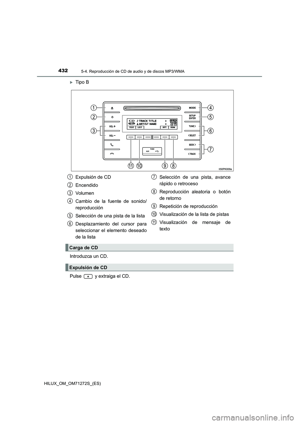 TOYOTA HILUX 2018 Manual del propietario (in Spanish) 4325-4. Reproducción de CD de audio y de discos MP3/WMA
HILUX_OM_OM71272S_(ES)
Tipo B
Introduzca un CD.
Pulse y extraiga el CD.
Expulsión de CD
Encendido
Volumen
Cambio de la fuente de sonido/
TOYOTA HILUX 2018 Manual del propietario (in Spanish) 4325-4. Reproducción de CD de audio y de discos MP3/WMA
HILUX_OM_OM71272S_(ES)
Tipo B
Introduzca un CD.
Pulse y extraiga el CD.
Expulsión de CD
Encendido
Volumen
Cambio de la fuente de sonido/