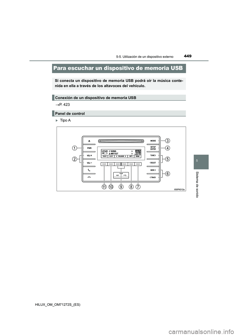 TOYOTA HILUX 2018  Manual del propietario (in Spanish) 449
5
5-5. Utilización de un dispositivo externo
Sistema de sonido
HILUX_OM_OM71272S_(ES)
Para escuchar un dispositivo de memoria USB
P. 423
Tipo A
Si conecta un dispositivo de memoria USB podr