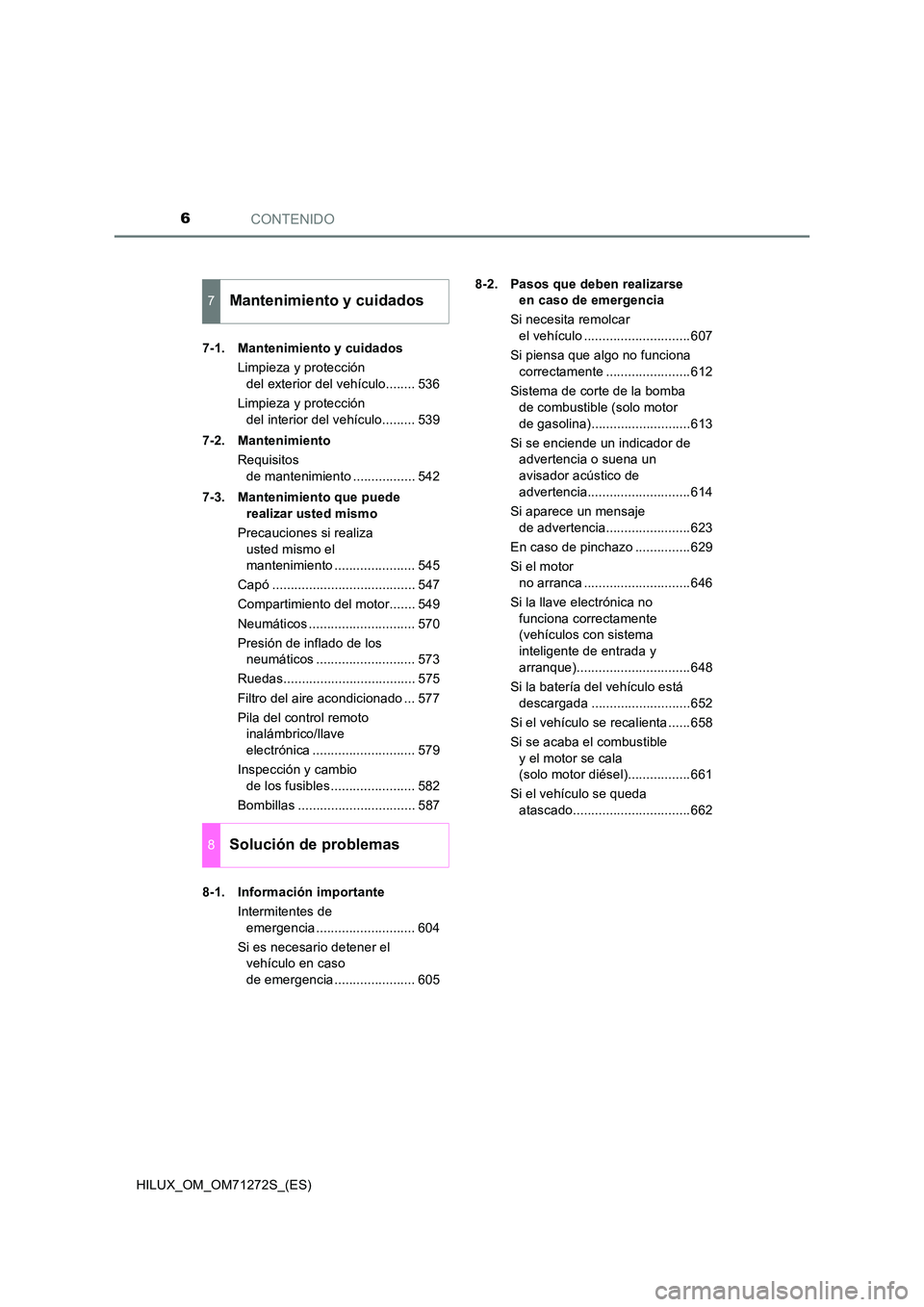 TOYOTA HILUX 2018  Manual del propietario (in Spanish) CONTENIDO6
HILUX_OM_OM71272S_(ES) 
7-1. Mantenimiento y cuidados 
Limpieza y protección  
del exterior del vehículo........ 536 
Limpieza y protección  
del interior del vehículo......... 539 
7-2