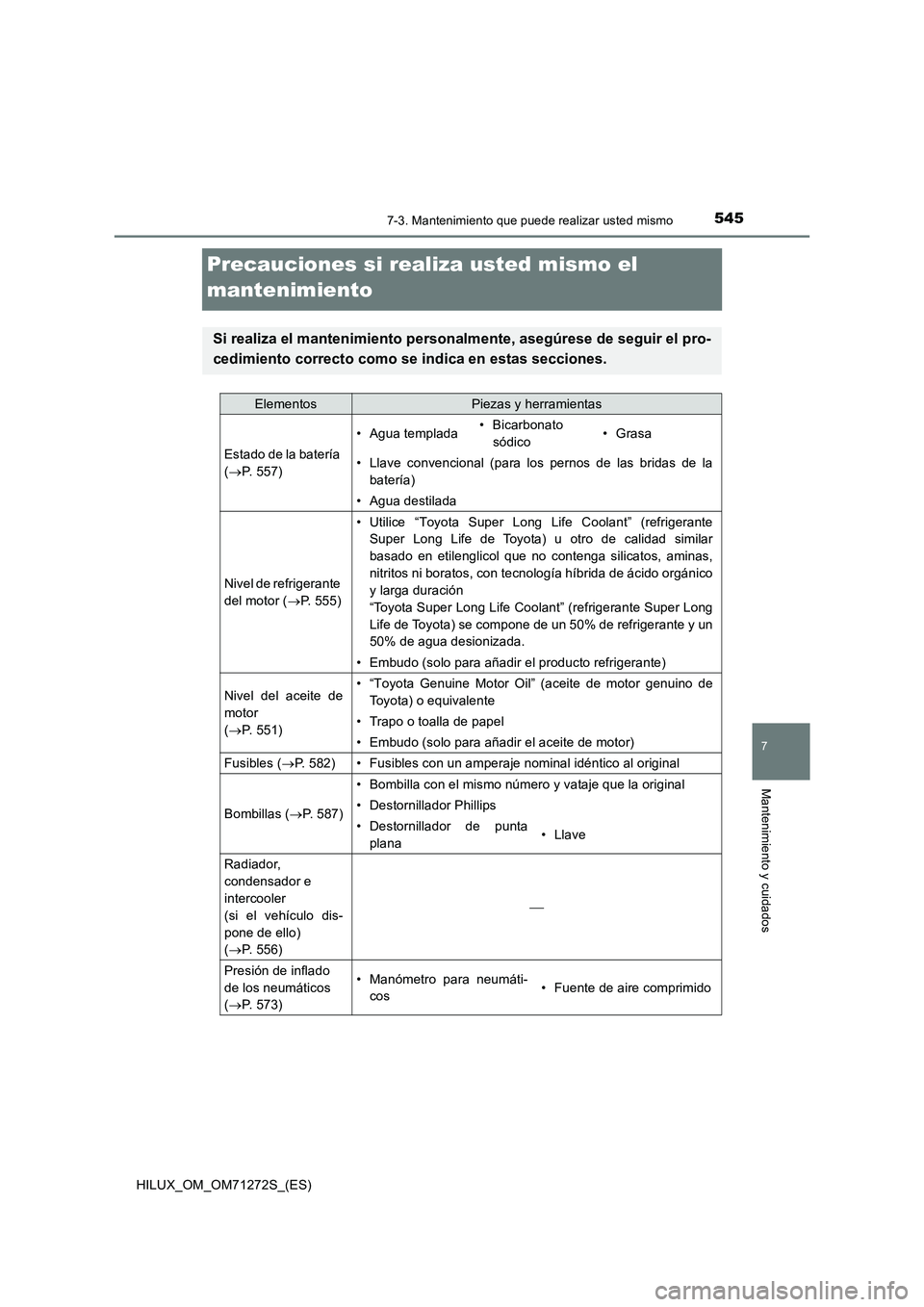 TOYOTA HILUX 2018  Manual del propietario (in Spanish) 5457-3. Mantenimiento que puede realizar usted mismo
HILUX_OM_OM71272S_(ES)
7
Mantenimiento y cuidados
Precauciones si realiza usted mismo el 
mantenimiento
Si realiza el mantenimiento personalmente, 