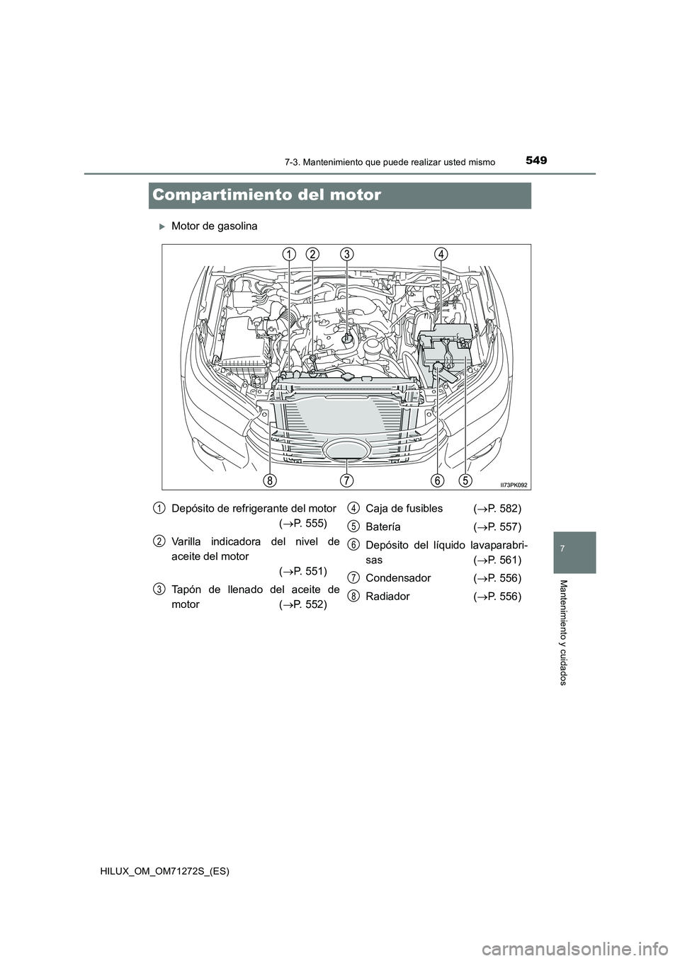 TOYOTA HILUX 2018  Manual del propietario (in Spanish) 5497-3. Mantenimiento que puede realizar usted mismo
HILUX_OM_OM71272S_(ES)
7
Mantenimiento y cuidados
Compartimiento del motor
Motor de gasolina
Depósito de refrigerante del motor  
( P. 555) 