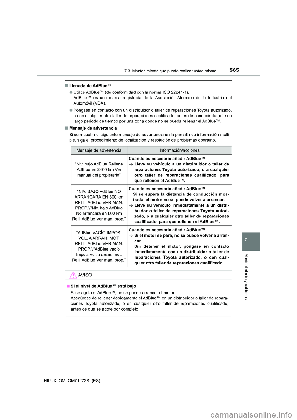 TOYOTA HILUX 2018 Manual del propietario (in Spanish) 5657-3. Mantenimiento que puede realizar usted mismo
HILUX_OM_OM71272S_(ES)
7
Mantenimiento y cuidados
■Llenado de AdBlue™
● Utilice AdBlue™ (de conformidad con la norma ISO 22241-1).
AdBlu TOYOTA HILUX 2018 Manual del propietario (in Spanish) 5657-3. Mantenimiento que puede realizar usted mismo
HILUX_OM_OM71272S_(ES)
7
Mantenimiento y cuidados
■Llenado de AdBlue™
● Utilice AdBlue™ (de conformidad con la norma ISO 22241-1).
AdBlu