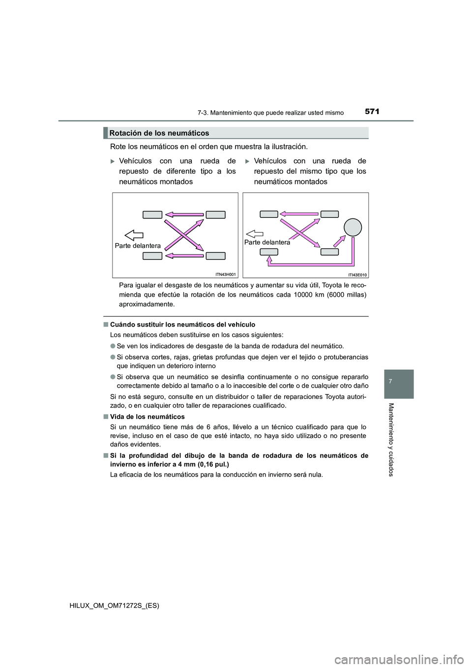 TOYOTA HILUX 2018  Manual del propietario (in Spanish) 5717-3. Mantenimiento que puede realizar usted mismo
HILUX_OM_OM71272S_(ES)
7
Mantenimiento y cuidados
Rote los neumáticos en el orden que muestra la ilustración.
Para igualar el desgaste de los neu