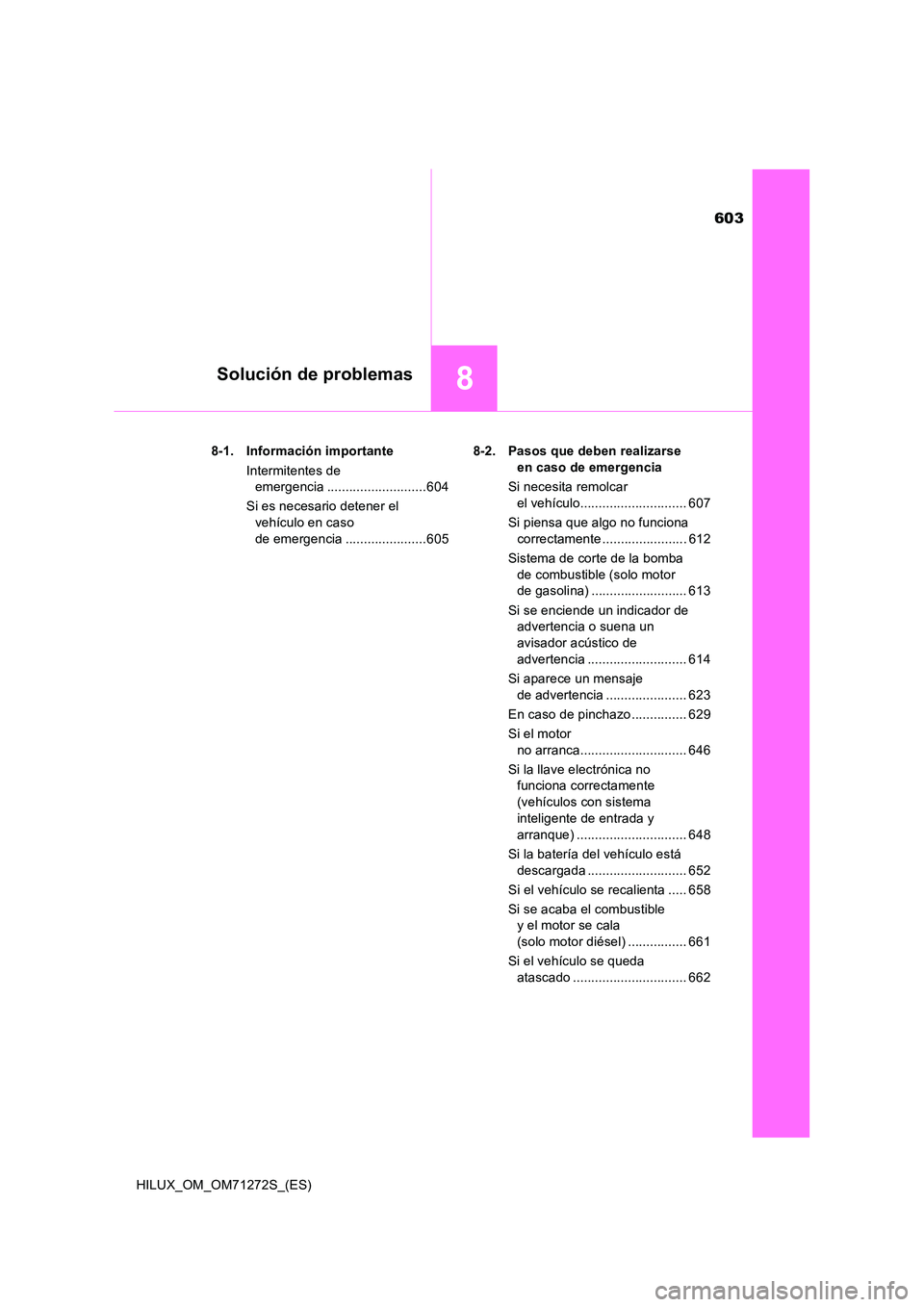 TOYOTA HILUX 2018 Manual del propietario (in Spanish) 603
8Solución de problemas
HILUX_OM_OM71272S_(ES)
8-1. Información importante
Intermitentes de
emergencia ...........................604
Si es necesario detener el
vehículo en caso
de emer TOYOTA HILUX 2018 Manual del propietario (in Spanish) 603
8Solución de problemas
HILUX_OM_OM71272S_(ES)
8-1. Información importante
Intermitentes de
emergencia ...........................604
Si es necesario detener el
vehículo en caso
de emer