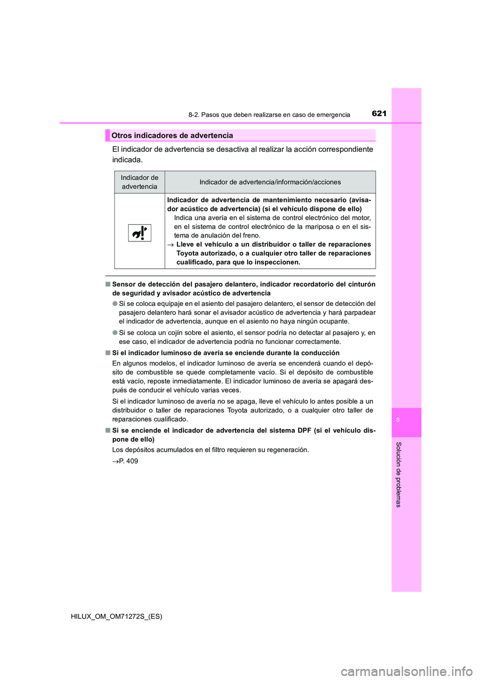 TOYOTA HILUX 2018 Manual del propietario (in Spanish) 6218-2. Pasos que deben realizarse en caso de emergencia
HILUX_OM_OM71272S_(ES)
8
Solución de problemas
El indicador de advertencia se desactiva al realizar la acción correspondiente
indicada.
■ TOYOTA HILUX 2018 Manual del propietario (in Spanish) 6218-2. Pasos que deben realizarse en caso de emergencia
HILUX_OM_OM71272S_(ES)
8
Solución de problemas
El indicador de advertencia se desactiva al realizar la acción correspondiente
indicada.
■