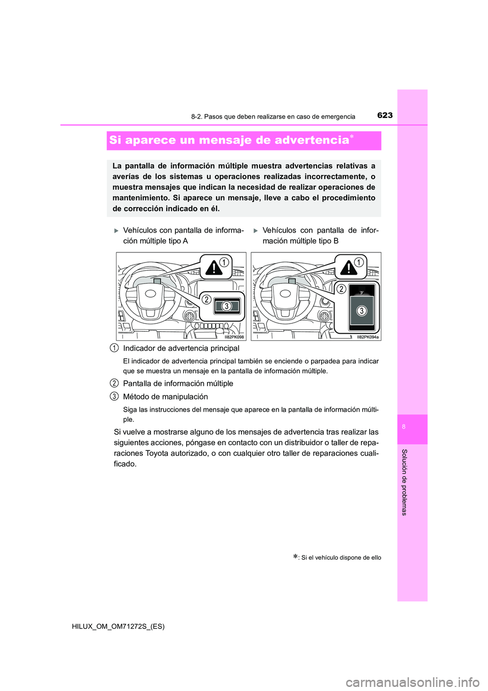 TOYOTA HILUX 2018 Manual del propietario (in Spanish) 6238-2. Pasos que deben realizarse en caso de emergencia
HILUX_OM_OM71272S_(ES)
8
Solución de problemas
Si aparece un mensaje de advertencia
Indicador de advertencia principal
El indicador de adve TOYOTA HILUX 2018 Manual del propietario (in Spanish) 6238-2. Pasos que deben realizarse en caso de emergencia
HILUX_OM_OM71272S_(ES)
8
Solución de problemas
Si aparece un mensaje de advertencia
Indicador de advertencia principal
El indicador de adve