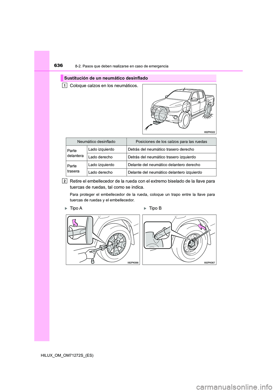 TOYOTA HILUX 2018  Manual del propietario (in Spanish) 6368-2. Pasos que deben realizarse en caso de emergencia
HILUX_OM_OM71272S_(ES)
Coloque calzos en los neumáticos. 
Retire el embellecedor de la rueda con el extremo biselado de la llave para 
tuercas