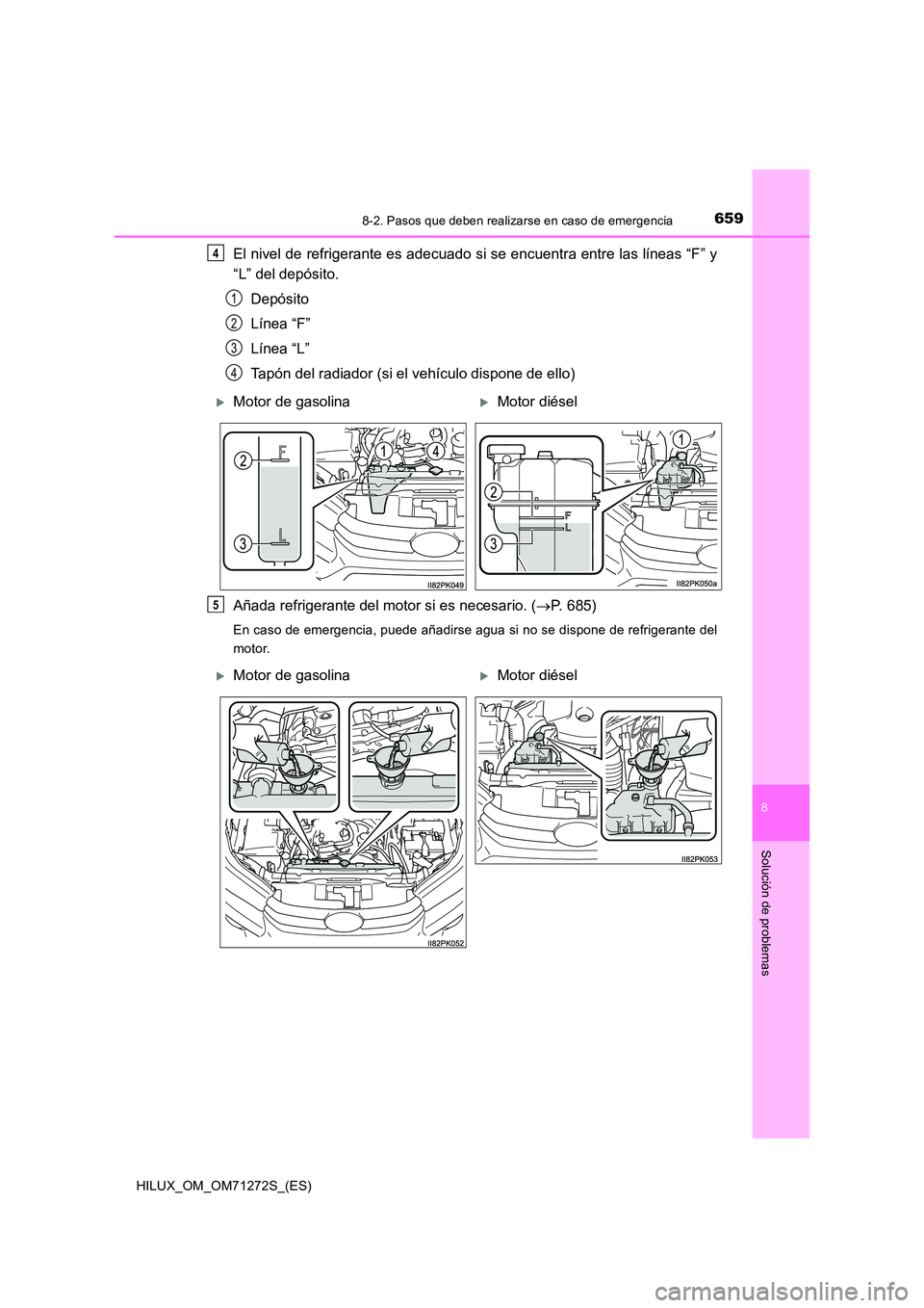 TOYOTA HILUX 2018  Manual del propietario (in Spanish) 6598-2. Pasos que deben realizarse en caso de emergencia
HILUX_OM_OM71272S_(ES)
8
Solución de problemas
El nivel de refrigerante es adecuado si se encuentra entre las líneas “F” y 
“L” del d