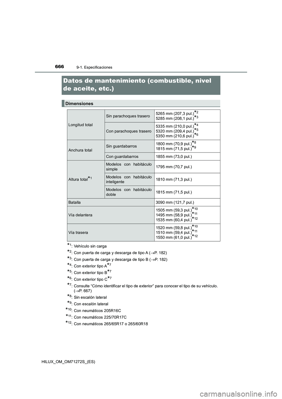 TOYOTA HILUX 2018  Manual del propietario (in Spanish) 6669-1. Especificaciones
HILUX_OM_OM71272S_(ES)
Datos de mantenimiento (combustible, nivel 
de aceite, etc.)
*
1: Vehículo sin carga
*2: Con puerta de carga y descarga de tipo A (P. 182)
*3: Con p