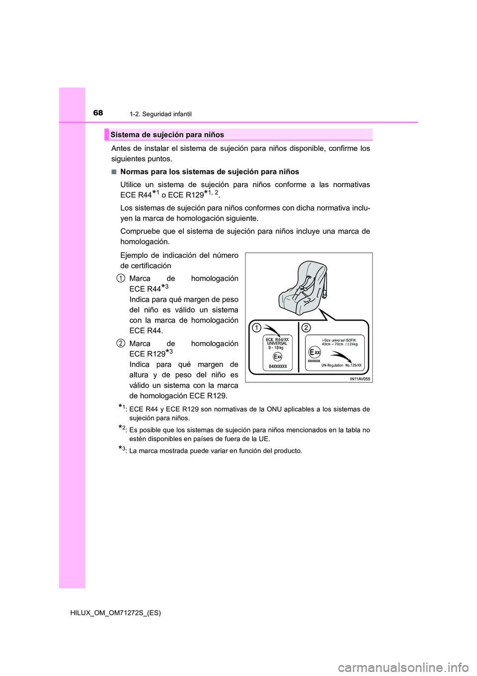 TOYOTA HILUX 2018 Manual del propietario (in Spanish) 681-2. Seguridad infantil
HILUX_OM_OM71272S_(ES)
Antes de instalar el sistema de sujeción para niños disponible, confirme los
siguientes puntos.
■Normas para los sistemas de sujeción para niños TOYOTA HILUX 2018 Manual del propietario (in Spanish) 681-2. Seguridad infantil
HILUX_OM_OM71272S_(ES)
Antes de instalar el sistema de sujeción para niños disponible, confirme los
siguientes puntos.
■Normas para los sistemas de sujeción para niños