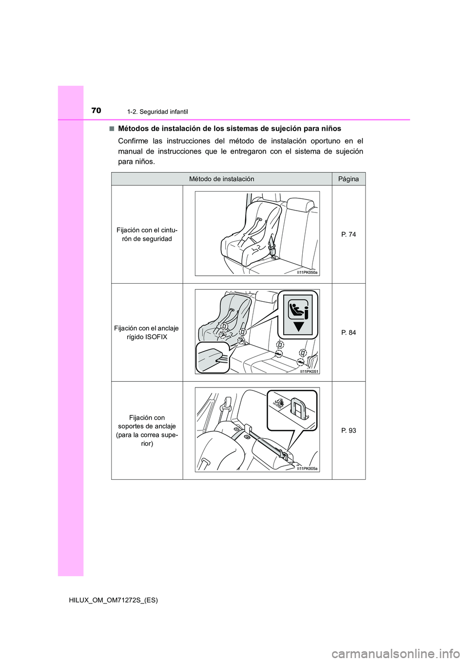 TOYOTA HILUX 2018 Manual del propietario (in Spanish) 701-2. Seguridad infantil
HILUX_OM_OM71272S_(ES)
■Métodos de instalación de los sistemas de sujeción para niños
Confirme las instrucciones del método de instalación oportuno en el
manual de TOYOTA HILUX 2018 Manual del propietario (in Spanish) 701-2. Seguridad infantil
HILUX_OM_OM71272S_(ES)
■Métodos de instalación de los sistemas de sujeción para niños
Confirme las instrucciones del método de instalación oportuno en el
manual de