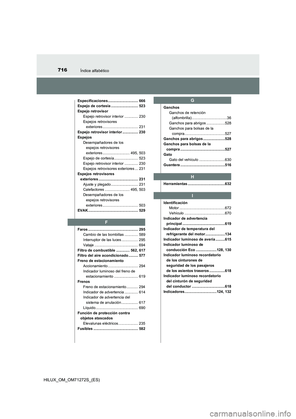 TOYOTA HILUX 2018  Manual del propietario (in Spanish) 716Índice alfabético
HILUX_OM_OM71272S_(ES)
Especificaciones............................. 666
Espejo de cortesía .......................... 523
Espejo retrovisor
Espejo retrovisor interior ........