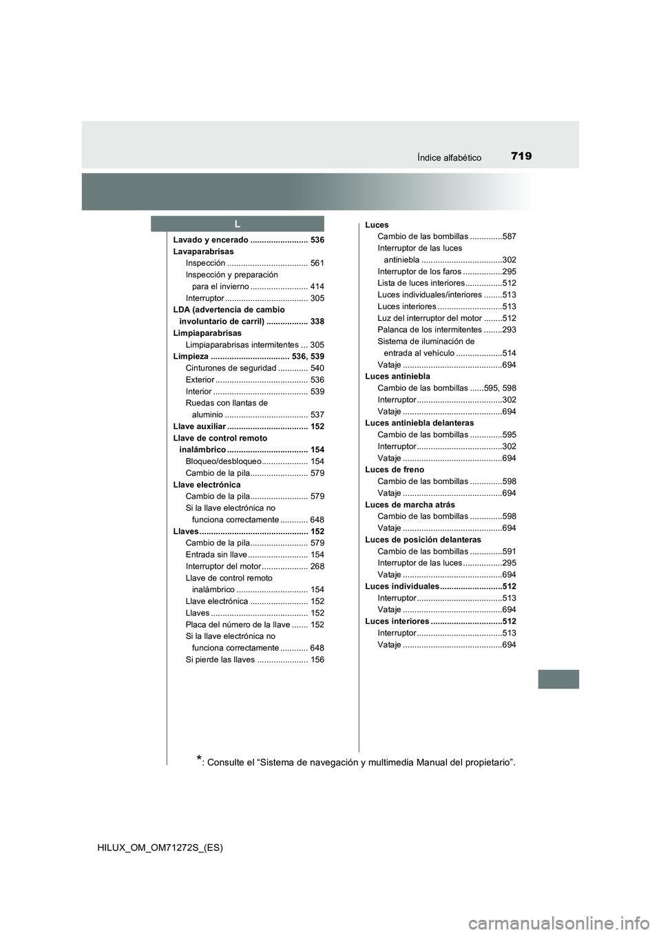 TOYOTA HILUX 2018  Manual del propietario (in Spanish) 719Índice alfabético
HILUX_OM_OM71272S_(ES)
Lavado y encerado ......................... 536
Lavaparabrisas
Inspección ................................... 561
Inspección y preparación 
para el inv