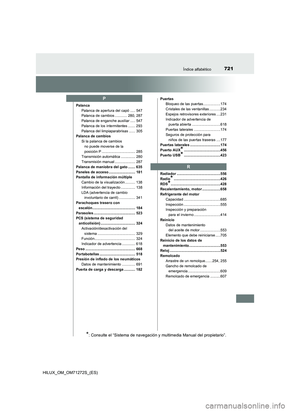 TOYOTA HILUX 2018 Manual del propietario (in Spanish) 721Índice alfabético
HILUX_OM_OM71272S_(ES)
Palanca
Palanca de apertura del capó ..... 547
Palanca de cambios ............ 280, 287
Palanca de enganche auxiliar ..... 547
Palanca de los intermitent TOYOTA HILUX 2018 Manual del propietario (in Spanish) 721Índice alfabético
HILUX_OM_OM71272S_(ES)
Palanca
Palanca de apertura del capó ..... 547
Palanca de cambios ............ 280, 287
Palanca de enganche auxiliar ..... 547
Palanca de los intermitent