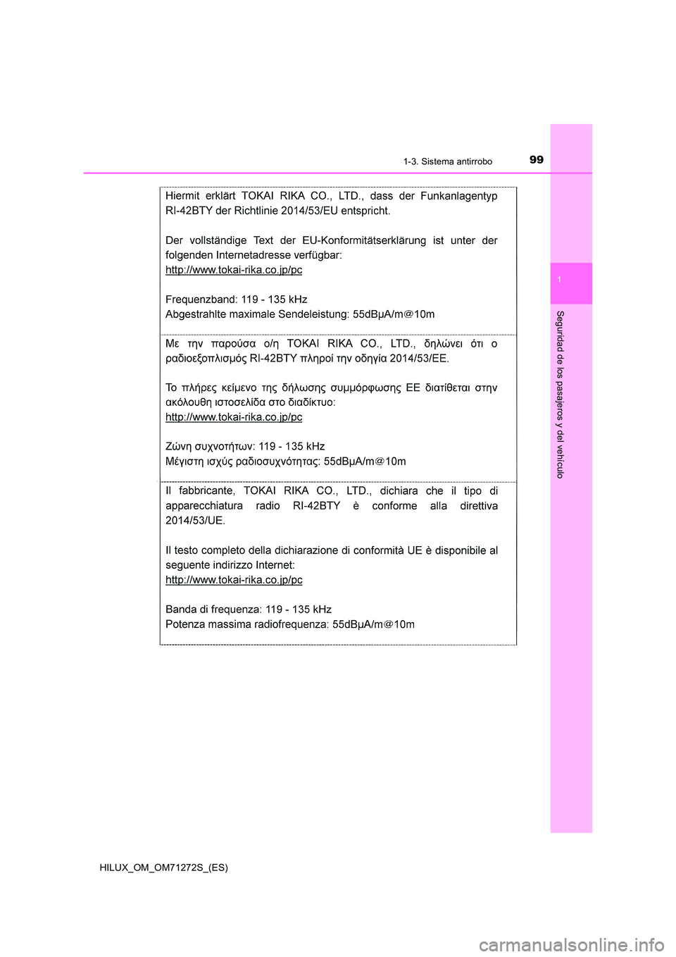 TOYOTA HILUX 2018  Manual del propietario (in Spanish) 991-3. Sistema antirrobo
1
HILUX_OM_OM71272S_(ES)
Seguridad de los pasajeros y del vehículo 