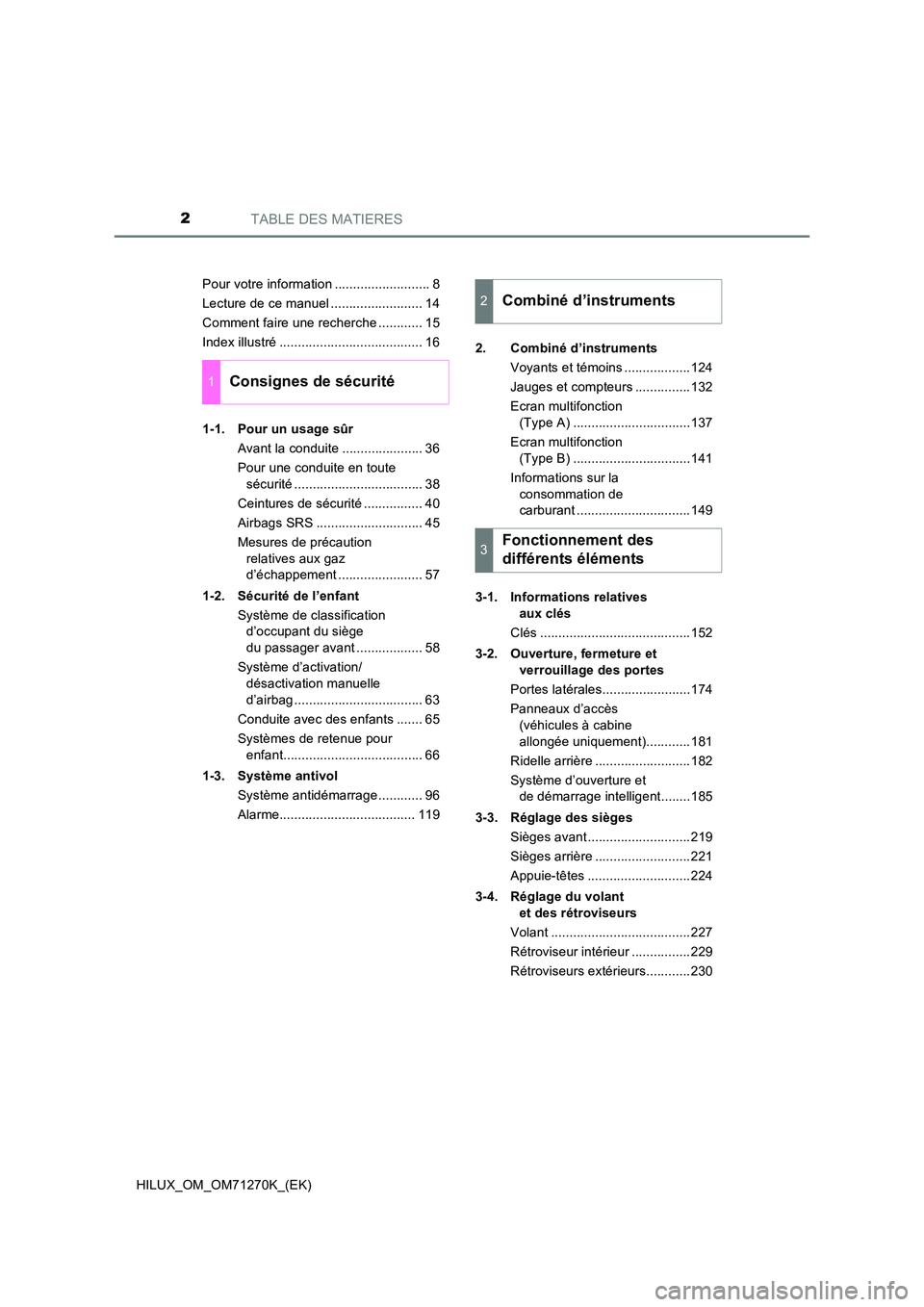 TOYOTA HILUX 2018 Manuel du propriétaire (in French) TABLE DES MATIERES2
HILUX_OM_OM71270K_(EK)
Pour votre information .......................... 8
Lecture de ce manuel ......................... 14
Comment faire une recherche ............ 15
Index ill TOYOTA HILUX 2018 Manuel du propriétaire (in French) TABLE DES MATIERES2
HILUX_OM_OM71270K_(EK)
Pour votre information .......................... 8
Lecture de ce manuel ......................... 14
Comment faire une recherche ............ 15
Index ill