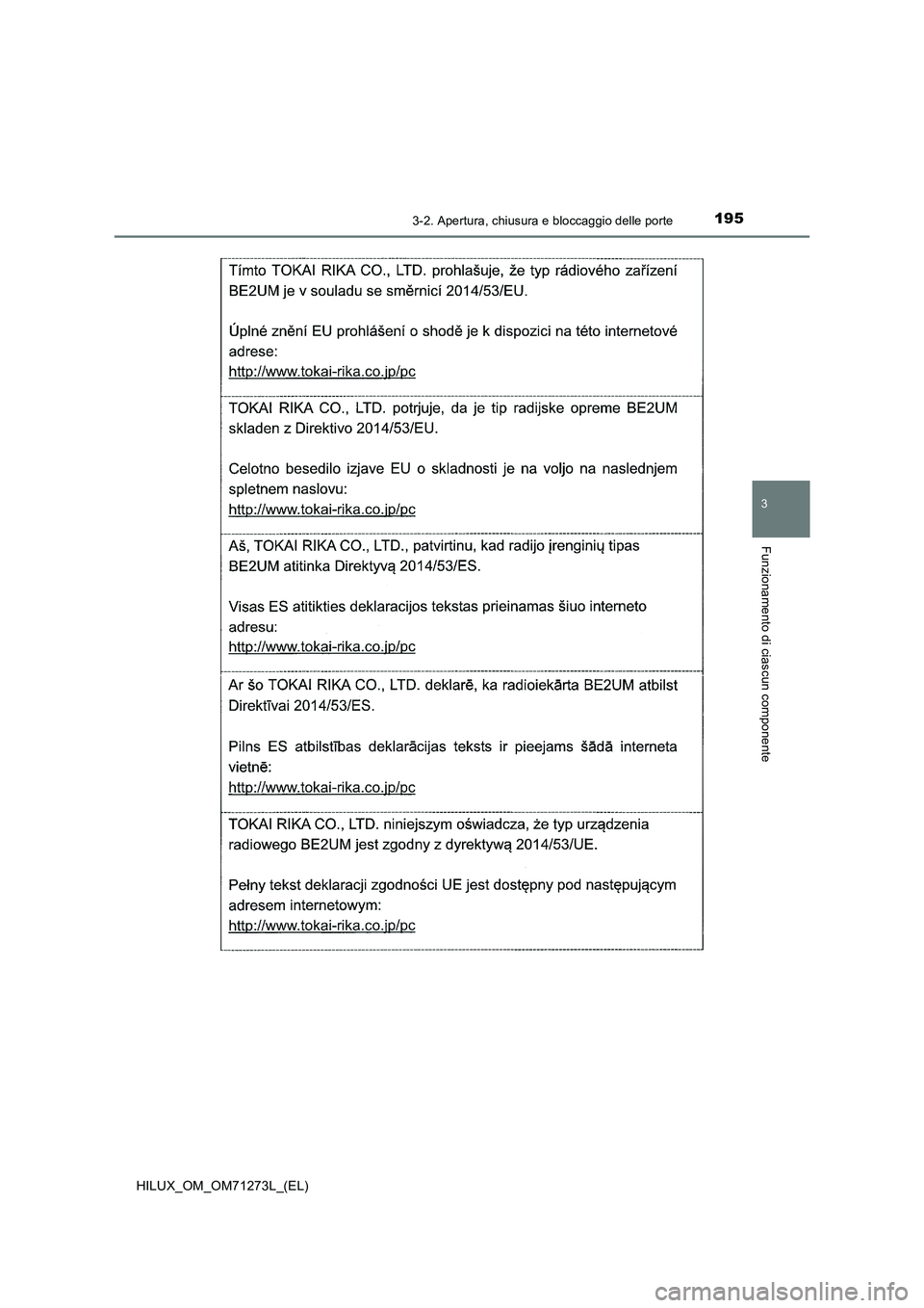 TOYOTA HILUX 2018  Manuale duso (in Italian) 1953-2. Apertura, chiusura e bloccaggio delle porte
3
Funzionamento di ciascun componente
HILUX_OM_OM71273L_(EL) 
