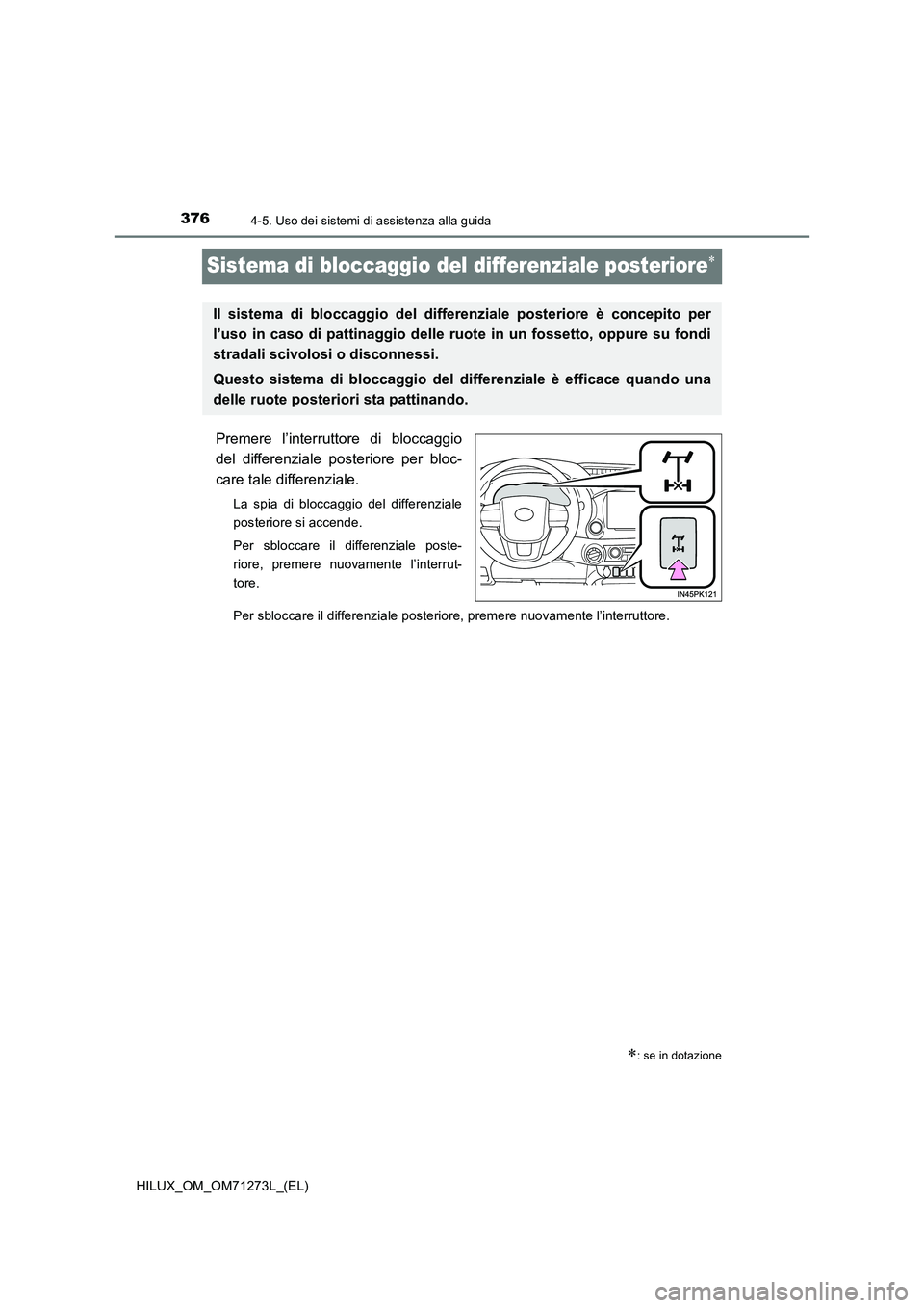 TOYOTA HILUX 2018 Manuale duso (in Italian) 3764-5. Uso dei sistemi di assistenza alla guida
HILUX_OM_OM71273L_(EL)
Sistema di bloccaggio del differenziale posteriore
Premere l’interruttore di bloccaggio
del differenziale posteriore per bl TOYOTA HILUX 2018 Manuale duso (in Italian) 3764-5. Uso dei sistemi di assistenza alla guida
HILUX_OM_OM71273L_(EL)
Sistema di bloccaggio del differenziale posteriore
Premere l’interruttore di bloccaggio
del differenziale posteriore per bl