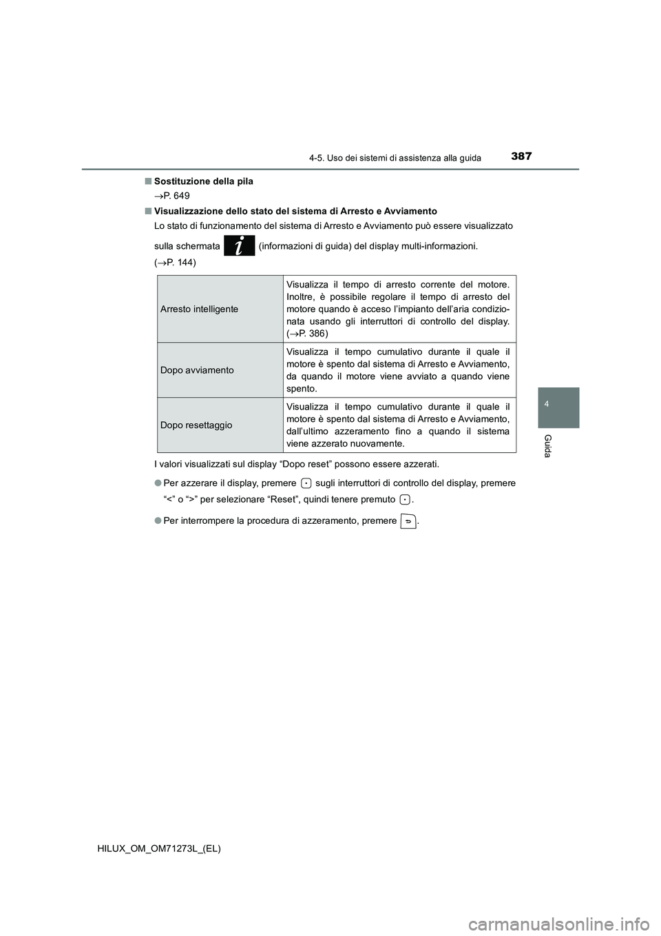 TOYOTA HILUX 2018 Manuale duso (in Italian) 3874-5. Uso dei sistemi di assistenza alla guida
4
Guida
HILUX_OM_OM71273L_(EL)■Sostituzione della pila
P. 6 4 9
■Visualizzazione dello stato del sistema di Arresto e Avviamento
Lo stato di fu TOYOTA HILUX 2018 Manuale duso (in Italian) 3874-5. Uso dei sistemi di assistenza alla guida
4
Guida
HILUX_OM_OM71273L_(EL)■Sostituzione della pila
P. 6 4 9
■Visualizzazione dello stato del sistema di Arresto e Avviamento
Lo stato di fu