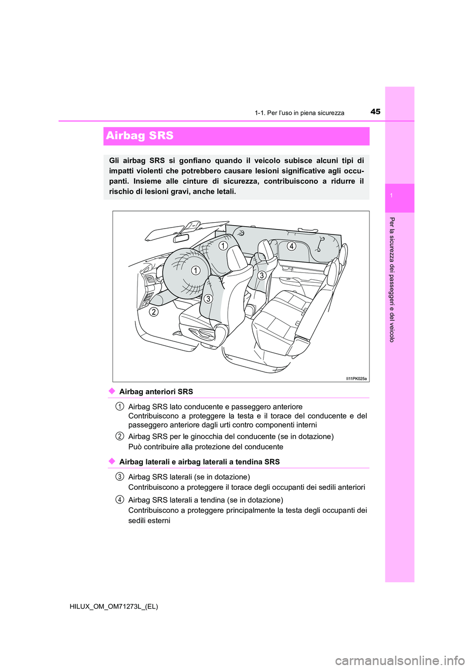 TOYOTA HILUX 2018 Manuale duso (in Italian) 451-1. Per l’uso in piena sicurezza
1
Per la sicurezza dei passeggeri e del veicolo
HILUX_OM_OM71273L_(EL)
Airbag SRS
◆Airbag anteriori SRS
Airbag SRS lato conducente e passeggero anteriore
Con TOYOTA HILUX 2018 Manuale duso (in Italian) 451-1. Per l’uso in piena sicurezza
1
Per la sicurezza dei passeggeri e del veicolo
HILUX_OM_OM71273L_(EL)
Airbag SRS
◆Airbag anteriori SRS
Airbag SRS lato conducente e passeggero anteriore
Con