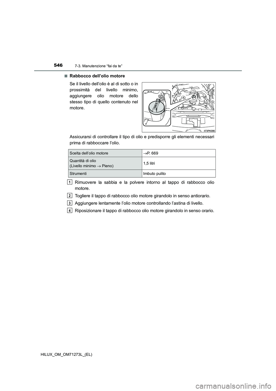TOYOTA HILUX 2018 Manuale duso (in Italian) 5467-3. Manutenzione “fai da te”
HILUX_OM_OM71273L_(EL)■
Rabbocco dell’olio motore
Se il livello dell’olio è al di sotto o in
prossimità del livello minimo,
aggiungere olio motore dello
st TOYOTA HILUX 2018 Manuale duso (in Italian) 5467-3. Manutenzione “fai da te”
HILUX_OM_OM71273L_(EL)■
Rabbocco dell’olio motore
Se il livello dell’olio è al di sotto o in
prossimità del livello minimo,
aggiungere olio motore dello
st
