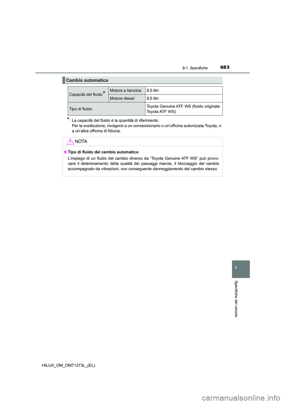 TOYOTA HILUX 2018  Manuale duso (in Italian) 683
9
9-1. Specifiche
Specifiche del veicolo
HILUX_OM_OM71273L_(EL)
*: La capacità del fluido è la quantità di riferimento. 
Per la sostituzione, rivolgersi a un concessionario o un’officina auto