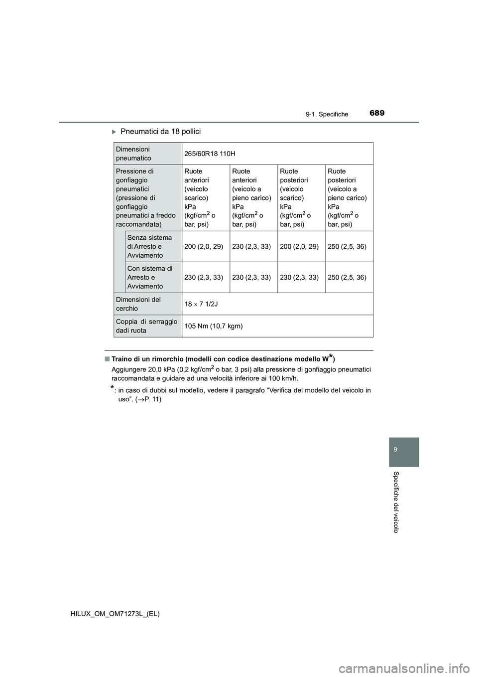 TOYOTA HILUX 2018  Manuale duso (in Italian) 689
9
9-1. Specifiche
Specifiche del veicolo
HILUX_OM_OM71273L_(EL)
Pneumatici da 18 pollici
■Traino di un rimorchio (modelli con codice destinazione modello W*)
Aggiungere 20,0 kPa (0,2 kgf/cm2 