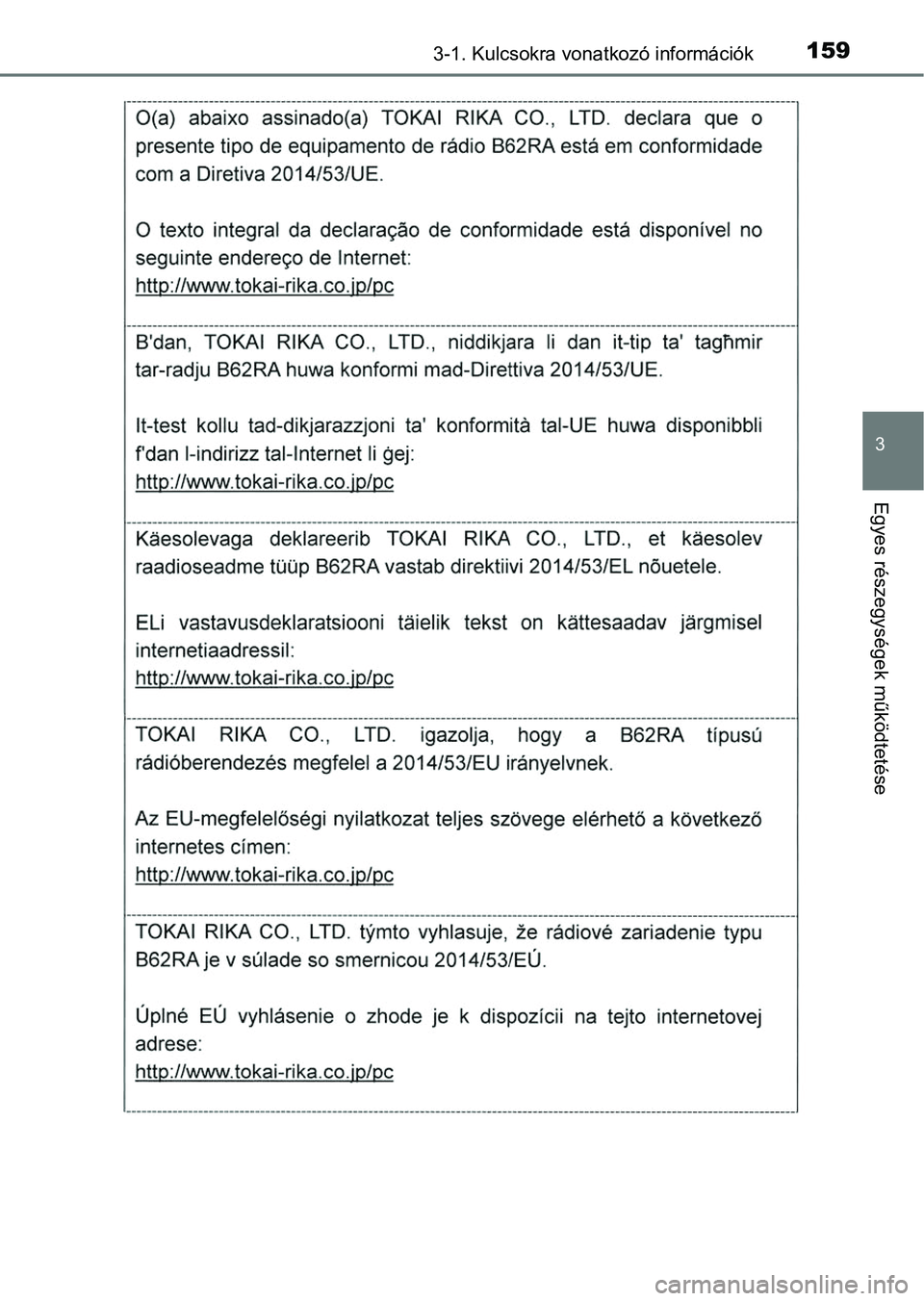 TOYOTA HILUX 2018  Kezelési útmutató (in Hungarian) 1593-1. Kulcsokra vonatkozó információk
3
Egyes részegységek működtetése 