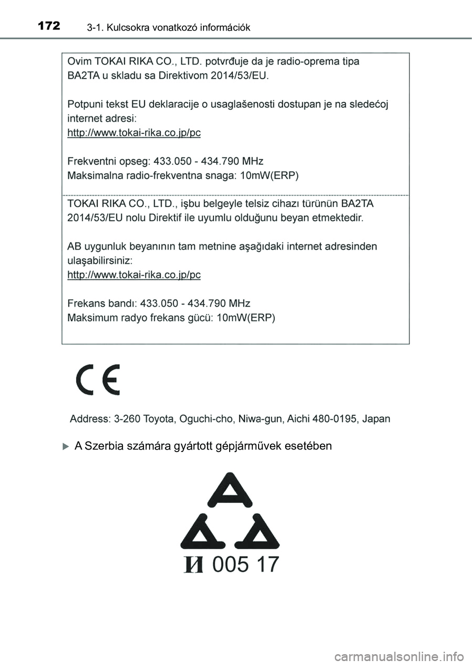 TOYOTA HILUX 2018 Kezelési útmutató (in Hungarian) 1723-1. Kulcsokra vonatkozó információk
A Szerbia számára gyártott gépjárművek esetében TOYOTA HILUX 2018 Kezelési útmutató (in Hungarian) 1723-1. Kulcsokra vonatkozó információk
A Szerbia számára gyártott gépjárművek esetében