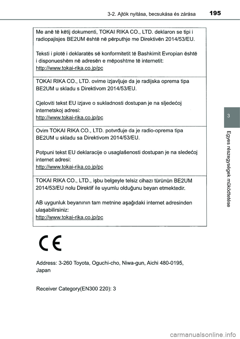 TOYOTA HILUX 2018  Kezelési útmutató (in Hungarian) 1953-2. Ajtók nyitása, becsukása és zárása
3
Egyes részegysége k működtetése 