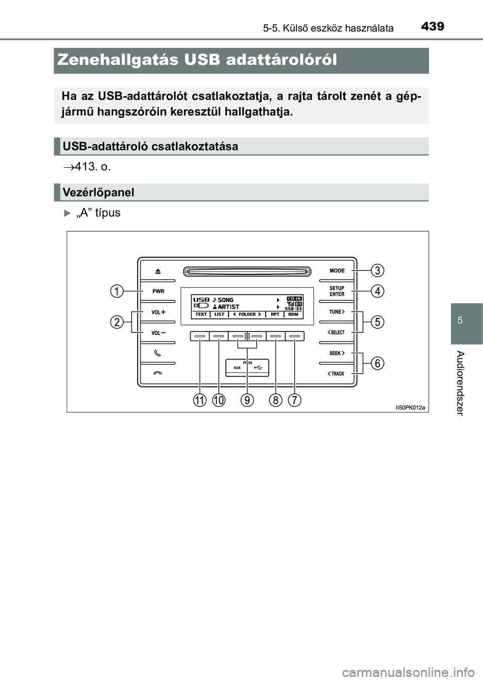 TOYOTA HILUX 2018 Kezelési útmutató (in Hungarian) 439
5
5-5. Külső eszköz használata
Audiorendszer
Zenehallgatás USB adattárolóról
413. o.
„A” típus
Ha az USB-adattárolót csatlakoztatja, a rajta tárolt zenét a gé p-
j TOYOTA HILUX 2018 Kezelési útmutató (in Hungarian) 439
5
5-5. Külső eszköz használata
Audiorendszer
Zenehallgatás USB adattárolóról
413. o.
„A” típus
Ha az USB-adattárolót csatlakoztatja, a rajta tárolt zenét a gé p-
j