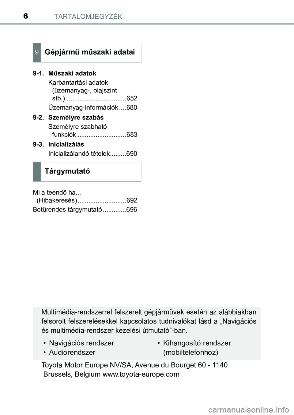 TOYOTA HILUX 2018 Kezelési útmutató (in Hungarian) TARTALOMJEGYZÉK6
9-1. Műszaki adatokKarbantartási adatok (üzemanyag-, olajszint
stb.)..................................652
Üzemanyag-információk ....680
9-2. Személyre szabás Személyre szab TOYOTA HILUX 2018 Kezelési útmutató (in Hungarian) TARTALOMJEGYZÉK6
9-1. Műszaki adatokKarbantartási adatok (üzemanyag-, olajszint
stb.)..................................652
Üzemanyag-információk ....680
9-2. Személyre szabás Személyre szab