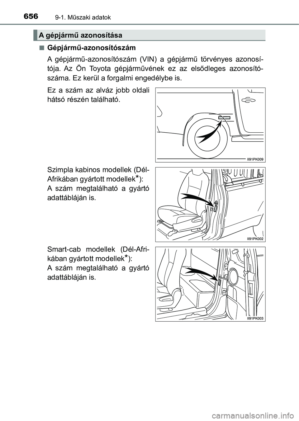 TOYOTA HILUX 2018  Kezelési útmutató (in Hungarian) 6569-1. Műszaki adatok
nGépjármű-azonosítószám
A  gépjármű-azonosítószám  (VIN)  a  gépjármű  törvényes  azonosí-
tója.  Az  Ön  Toyota  gépjárművének  ez  az  elsődleges  az