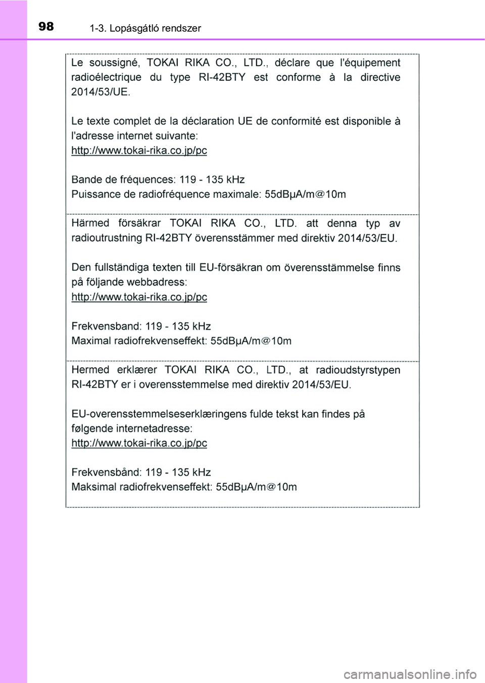 TOYOTA HILUX 2018  Kezelési útmutató (in Hungarian) 981-3. Lopásgátló rendszer 