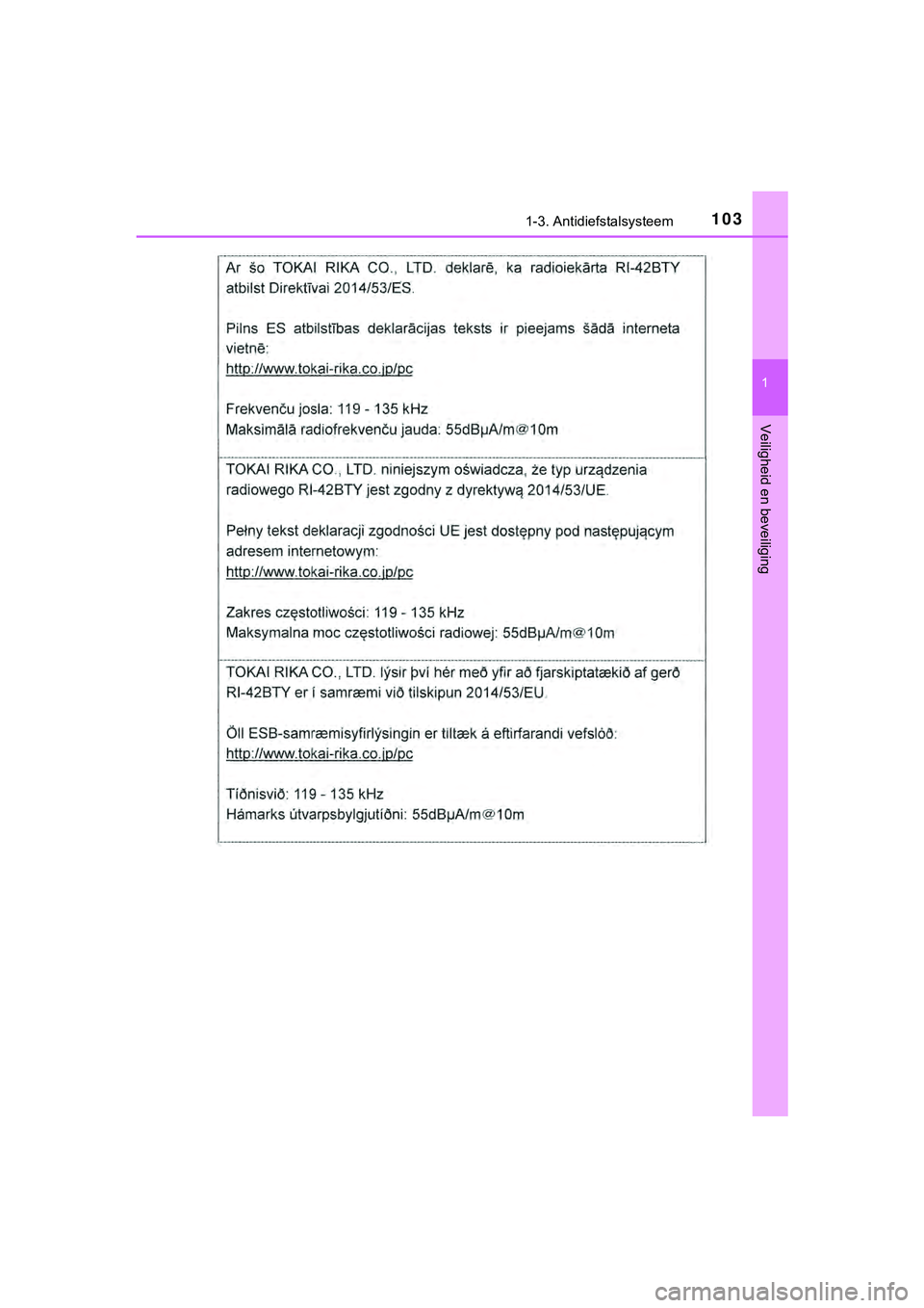 TOYOTA HILUX 2018  Instructieboekje (in Dutch) 1031-3. Antidiefstalsysteem
1
HILUX_OM_OM0K375E_(EE)
Veiligheid en beveiliging
HILUX_OM_OM0K375E_(EE).book  Page 103  Thursday, April 12, 2018  12:31 PM 