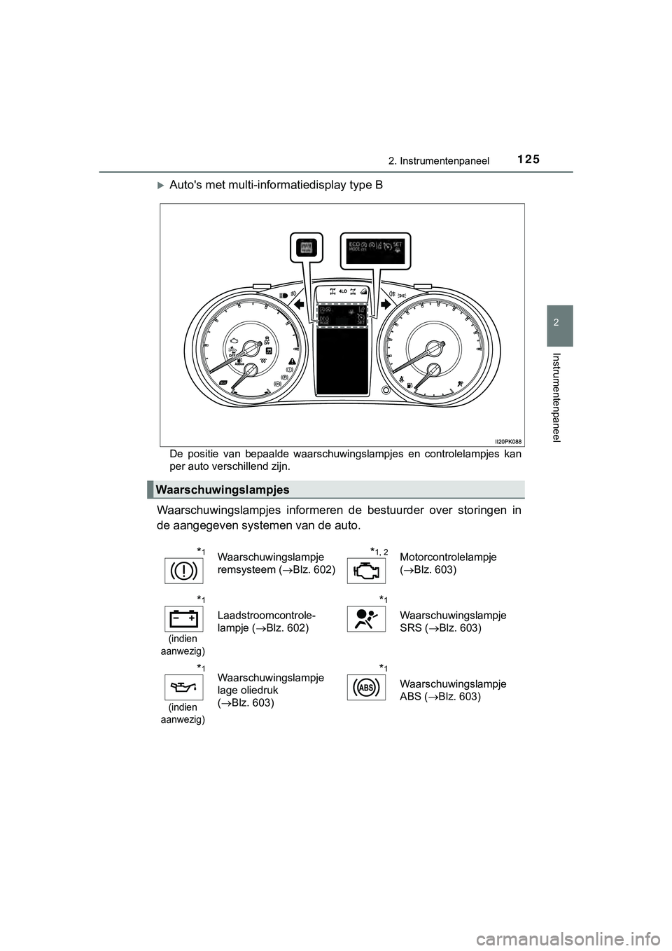 TOYOTA HILUX 2018 Instructieboekje (in Dutch) 1252. Instrumentenpaneel
2
Instrumentenpaneel
HILUX_OM_OM0K375E_(EE)
Auto's met multi-informatiedisplay type B
De positie van bepaalde waarschuwingslampjes en controlelampjes kan
per auto TOYOTA HILUX 2018 Instructieboekje (in Dutch) 1252. Instrumentenpaneel
2
Instrumentenpaneel
HILUX_OM_OM0K375E_(EE)
Auto's met multi-informatiedisplay type B
De positie van bepaalde waarschuwingslampjes en controlelampjes kan
per auto