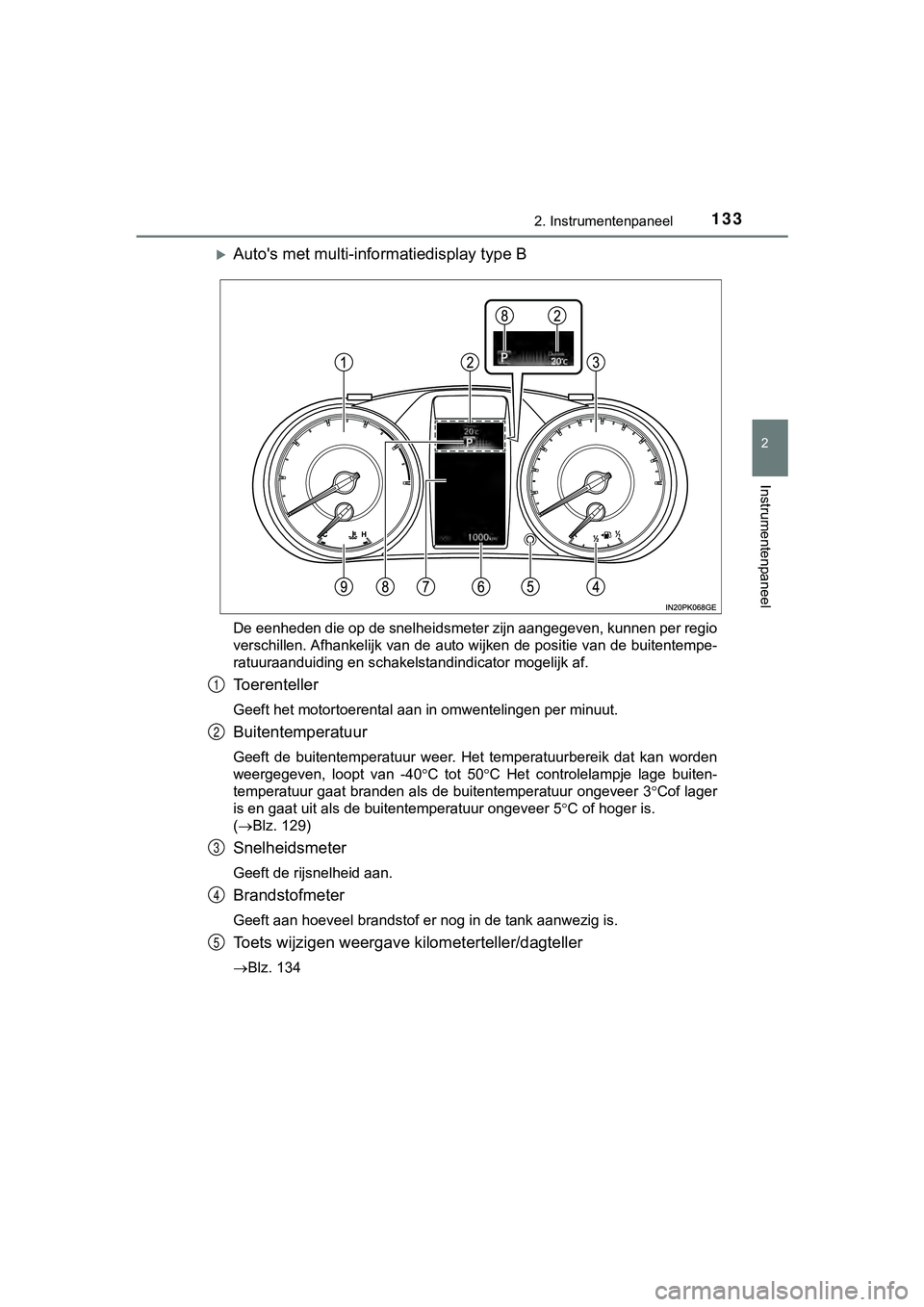 TOYOTA HILUX 2018  Instructieboekje (in Dutch) 1332. Instrumentenpaneel
2
Instrumentenpaneel
HILUX_OM_OM0K375E_(EE)
Auto's met multi-informatiedisplay type B
De eenheden die op de snelheidsmeter zijn aangegeven, kunnen per regio
verschillen