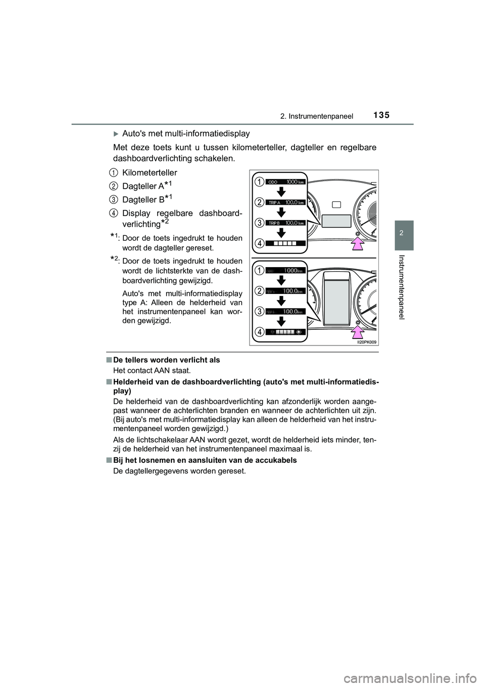 TOYOTA HILUX 2018  Instructieboekje (in Dutch) 1352. Instrumentenpaneel
2
Instrumentenpaneel
HILUX_OM_OM0K375E_(EE)
Auto's met multi-informatiedisplay
Met  deze  toets  kunt  u  tussen  kilometerteller,  dagteller  en  rege lbare
dashboardv