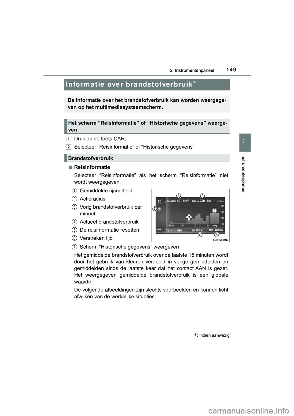 TOYOTA HILUX 2018 Instructieboekje (in Dutch) 149
2
2. Instrumentenpaneel
Instrumentenpaneel
HILUX_OM_OM0K375E_(EE)
Informatie over brandstofverbruik
Druk op de toets CAR.
Selecteer “Reisinformatie” of “Historische gegevens”.
■Reisin TOYOTA HILUX 2018 Instructieboekje (in Dutch) 149
2
2. Instrumentenpaneel
Instrumentenpaneel
HILUX_OM_OM0K375E_(EE)
Informatie over brandstofverbruik
Druk op de toets CAR.
Selecteer “Reisinformatie” of “Historische gegevens”.
■Reisin